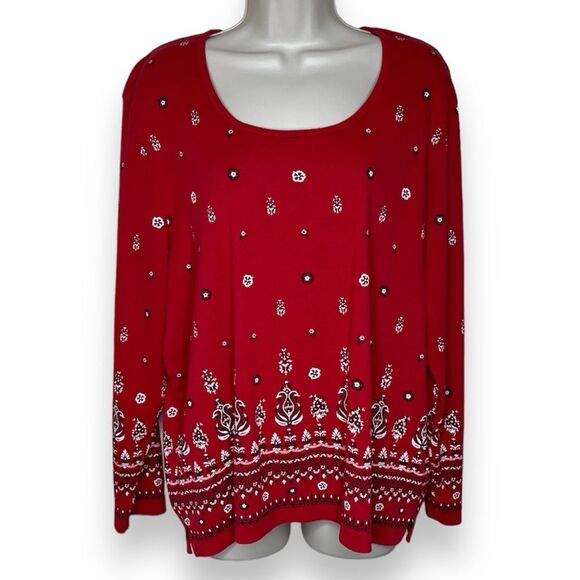 Carolina Colours Plus Red Bandana Print Long Sleeve Round Neck T Shirt Women 20W - Picture 1 of 13